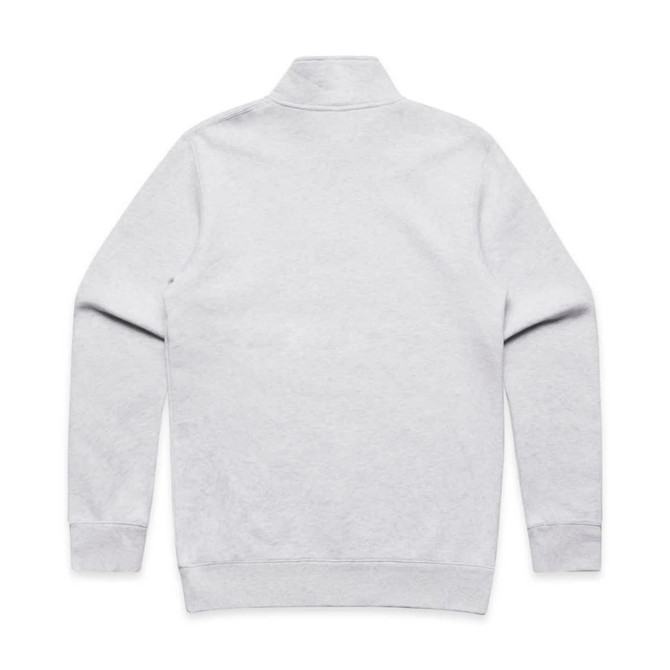 A grey half zip crew jumper, featuring long sleeves and a high collar, with a logo on the back.