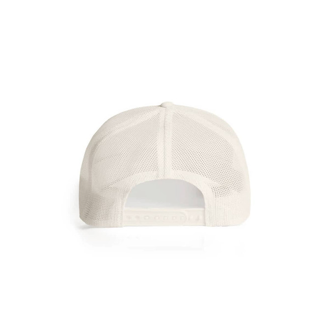 A white Mesh Trucker Cap featuring a breathable mesh back and an adjustable strap. It has a logo on the front.