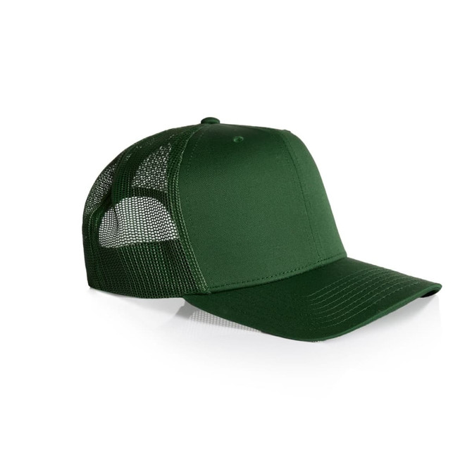 A green mesh trucker cap featuring a solid front panel and breathable mesh back, with a logo on the front.