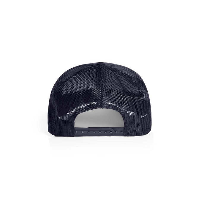 A dark navy mesh trucker cap with an adjustable strap, featuring a mesh back for breathability.