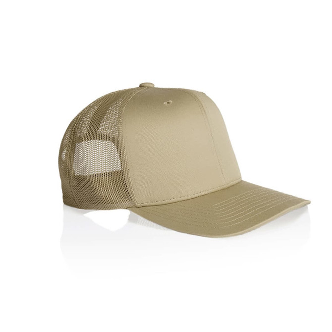 A beige mesh trucker cap with a solid front and mesh side panels, featuring a pre-curved brim and a logo.