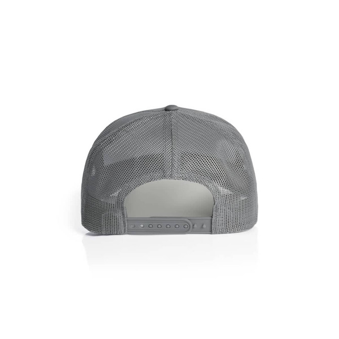 A grey mesh trucker cap featuring a breathable mesh back and an adjustable strap.