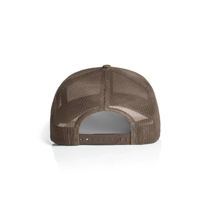 A brown mesh trucker cap featuring a adjustable snapback closure and a breathable mesh design.