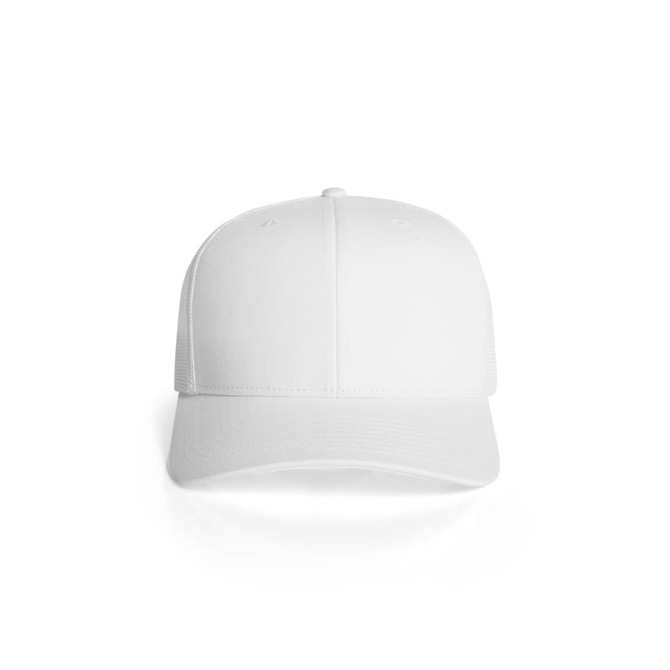 A white mesh trucker cap with a structured front and a solid brim, featuring a branding logo.
