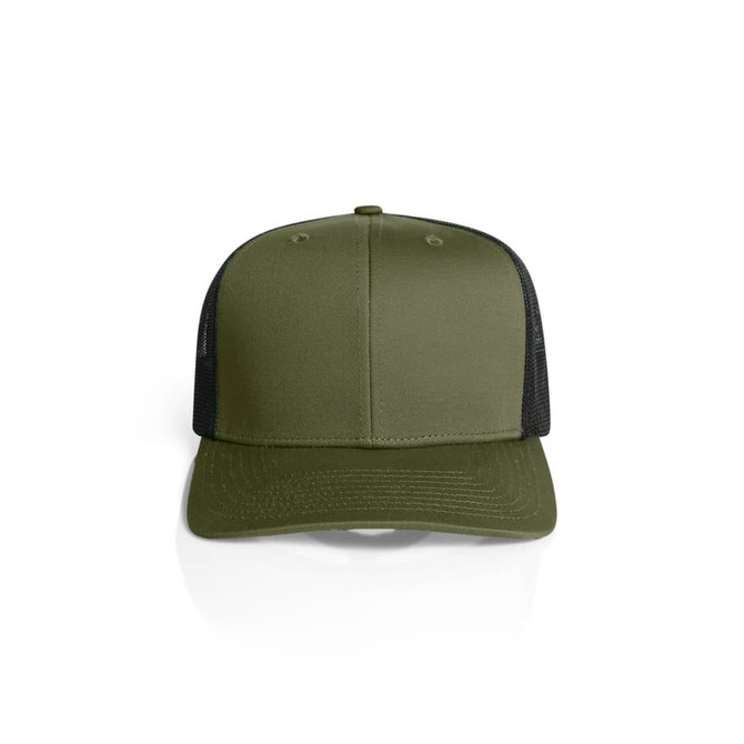 A green trucker cap with a solid front and black mesh sides, featuring a logo on the front.