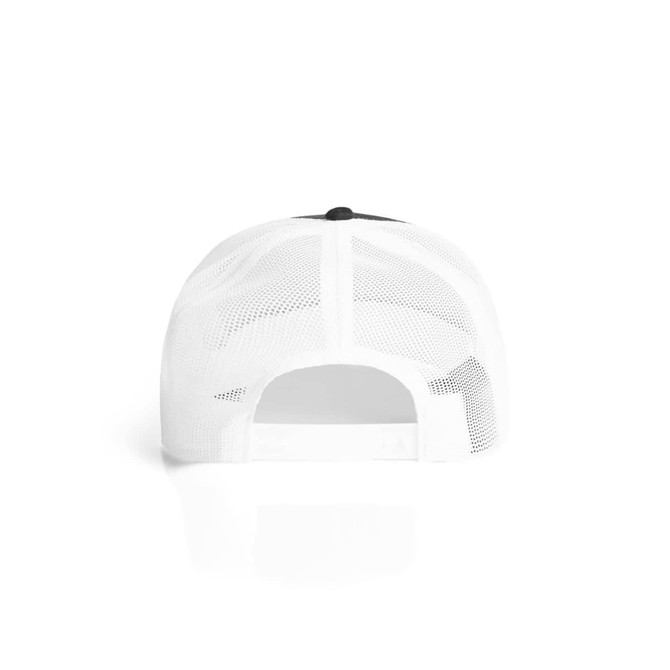 A white mesh trucker cap with a black visor and an adjustable strap at the back. It features a logo.