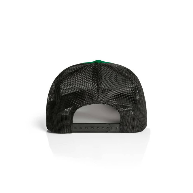 A black mesh trucker cap with a green accent, featuring an adjustable snapback closure and a logo.