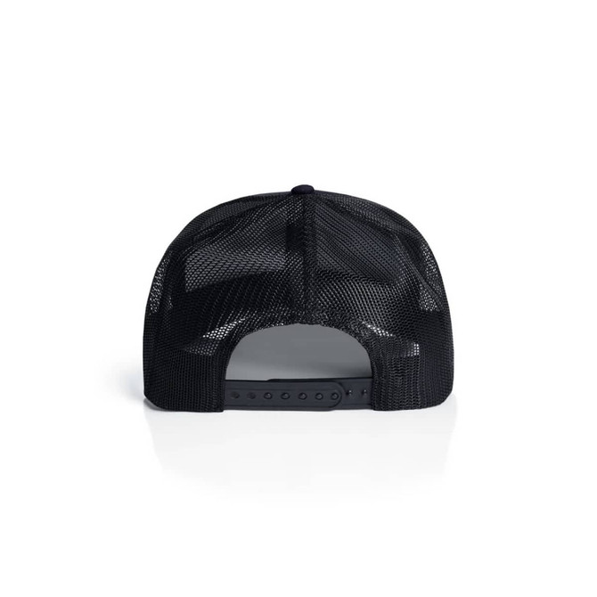 A black mesh trucker cap featuring a solid back with adjustable snap closure.