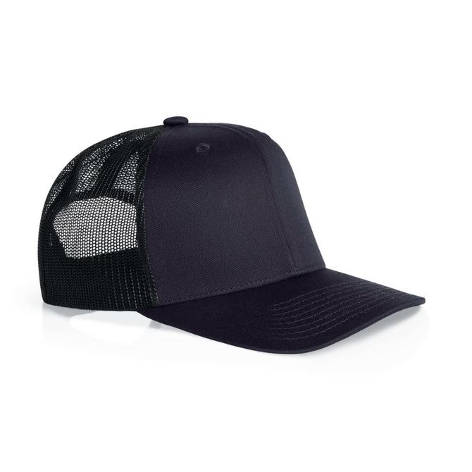 A black Mesh Contrast Trucker Cap with a solid front and mesh back, featuring an adjustable snap closure.