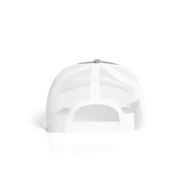 A white Mesh Contrast Trucker Cap featuring a mesh back and adjustable strap, showcasing its sport-inspired design.