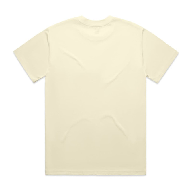 A plain, cream-coloured T-shirt with short sleeves and a logo on the back.