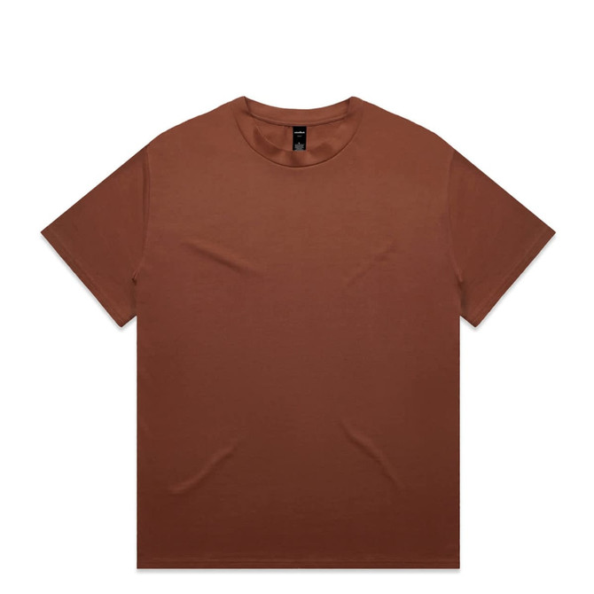 A brown T-shirt with a crew neck and short sleeves, featuring a label at the neckline.