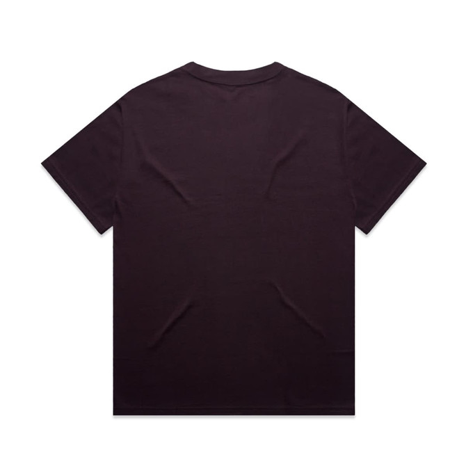A plain purple t-shirt with a relaxed fit and short sleeves, featuring a logo on the back.