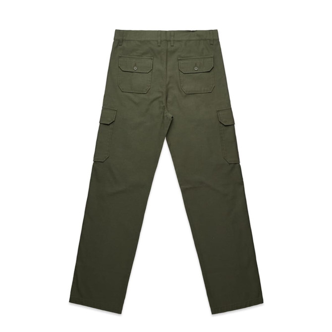 Utility cargo pants in olive green, featuring multiple pockets and a classic fit, with a visible logo on the waistband.