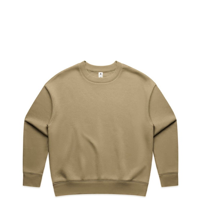 A beige crew jumper featuring long sleeves and a relaxed fit. The garment includes a small logo.