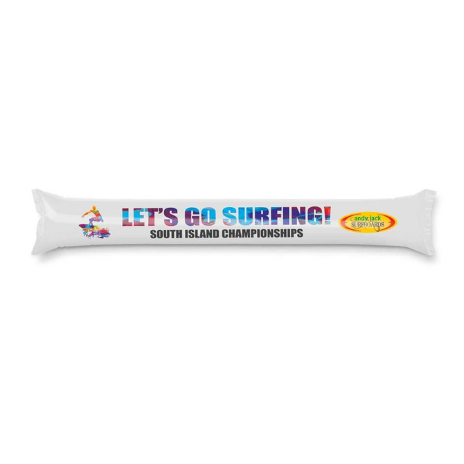 A promotional inflatable noisemaker featuring the text "LET'S GO SURFING! SOUTH ISLAND CHAMPIONSHIPS".