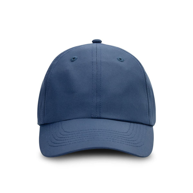 A blue cap with a curved brim, featuring eyelets and a logo on the front.