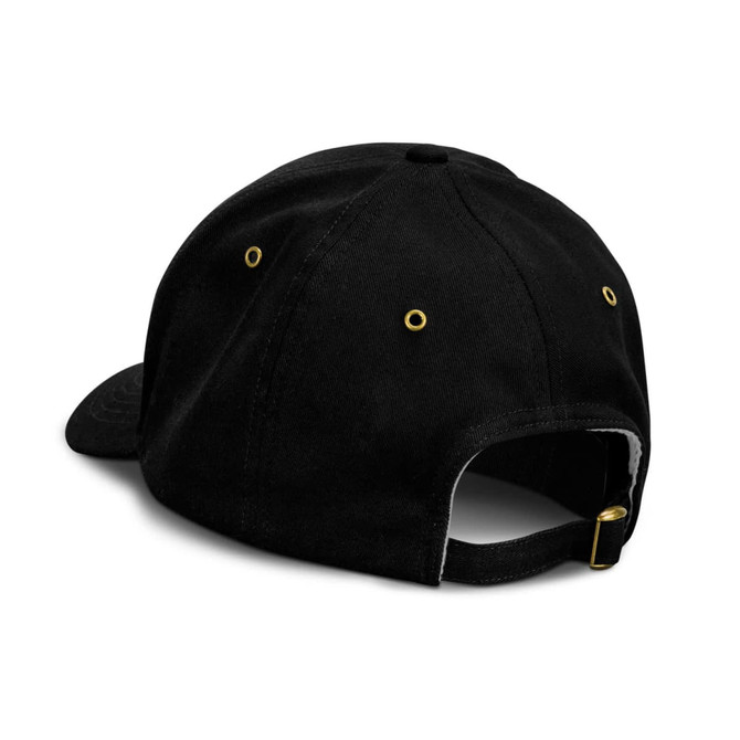 A black cap featuring a curved brim and gold eyelets, with an adjustable strap at the back.