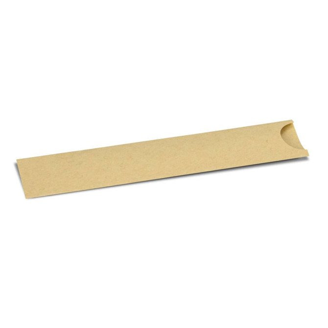 A Kraft paper pen sleeve in a light brown colour with a cut-out design on one end. It features a logo.