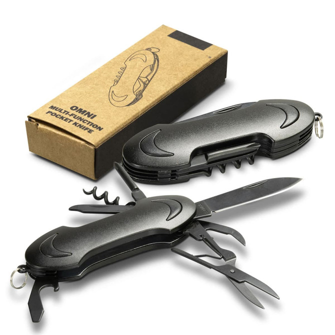 A multi-function pocket knife in black, featuring various tools, displayed with its packaging.