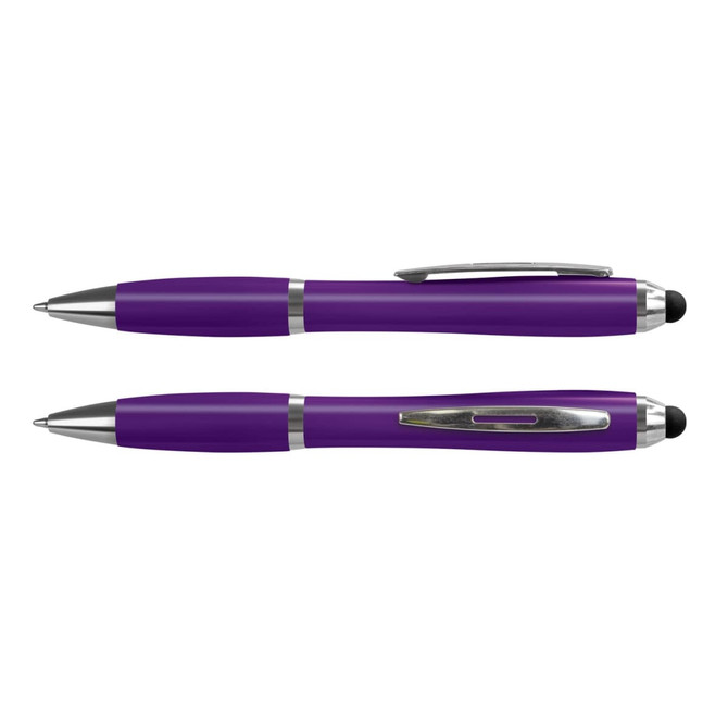 A purple stylus pen with a silver clip and accents, featuring both a ballpoint tip and a stylus tip.