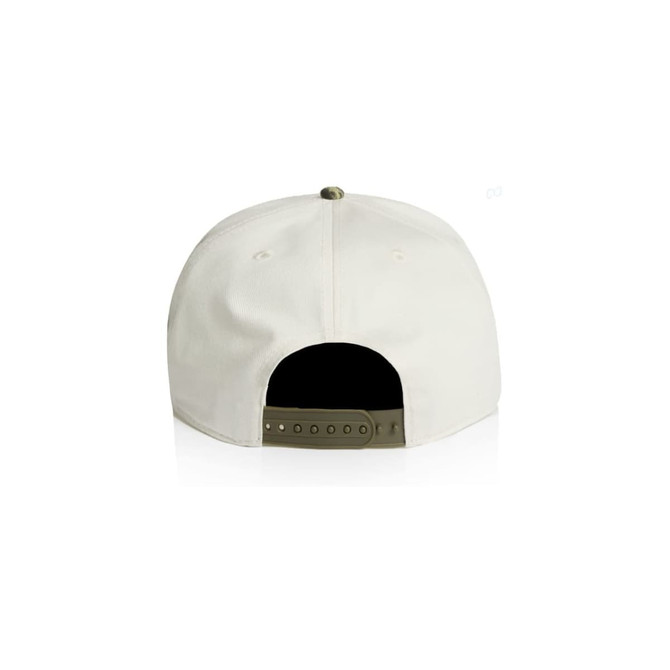 A two-tone camo cap featuring a khaki peak and white body. The back has an adjustable strap and a logo.