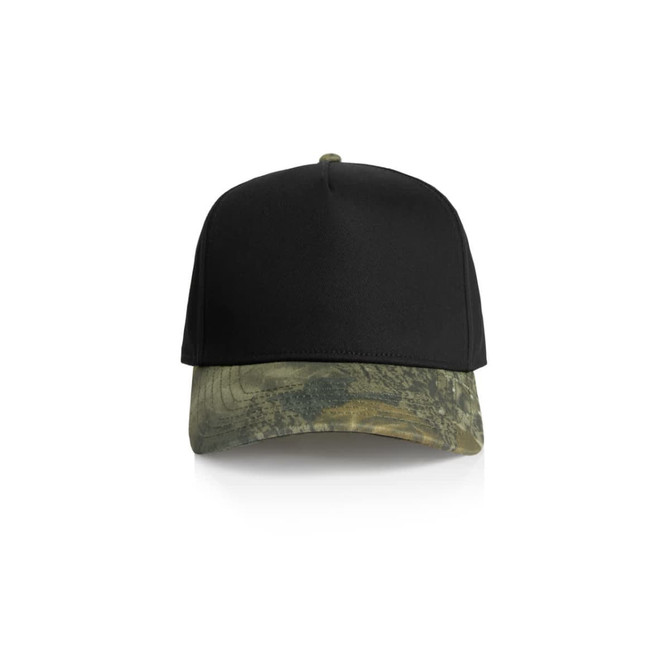 A two-tone camo cap featuring a black crown and a camouflaged brim. Includes a logo on the front.