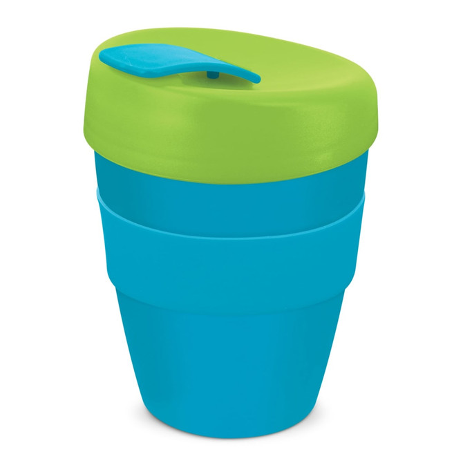 A drink bottle in blue and green, featuring a sleek design and a lid with a logo. Holds 350ml.