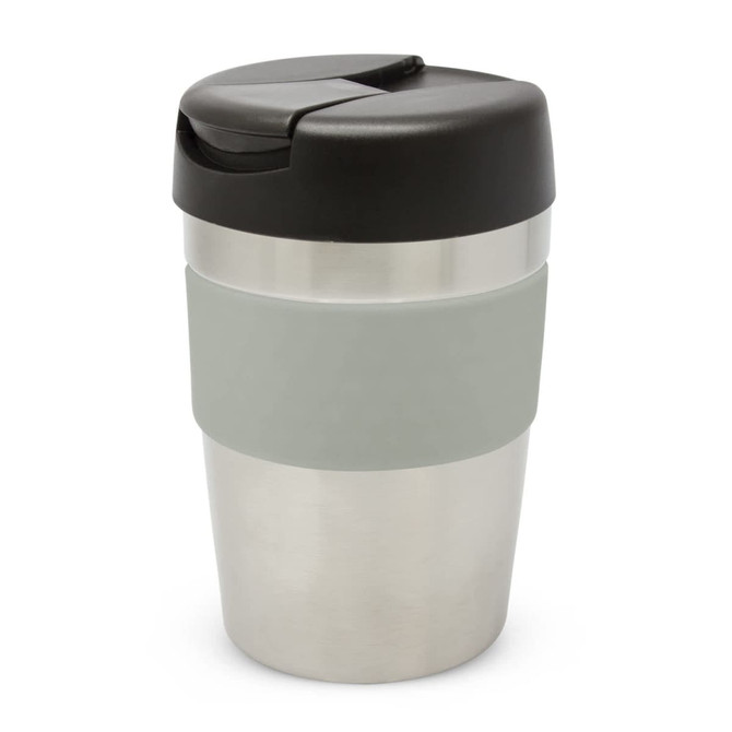 A drink bottle with a stainless steel body, grey silicone grip, and black lid. It has a logo on the side.