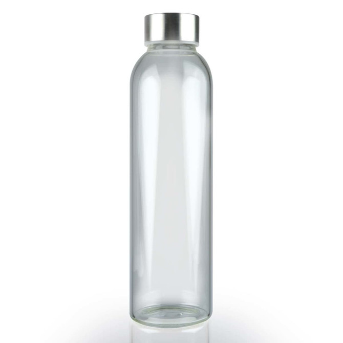 A drink bottle with a clear glass body and a stainless steel lid, designed for stylish hydration.