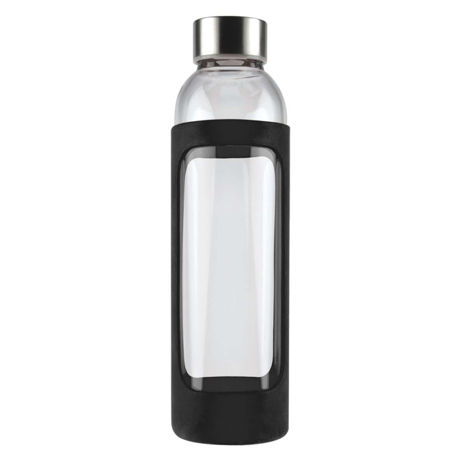 A drink bottle with a clear glass body and a black silicone sleeve, featuring a silver metal cap.