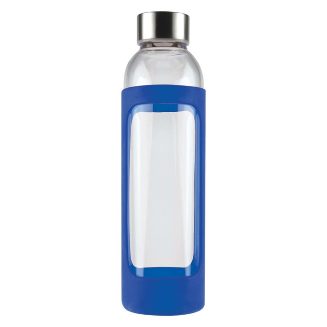 A drink bottle with a clear glass body and a blue silicone sleeve, featuring a metal cap and a branding logo.