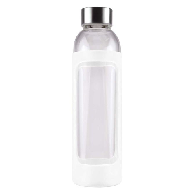 A drink bottle with a clear glass body and a white silicone sleeve, featuring a silver metal cap.