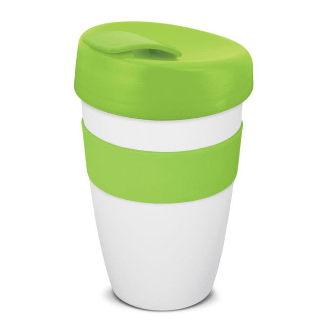 A drink bottle with a white body and bright green lid and sleeve, featuring a logo. Holds 480ml.