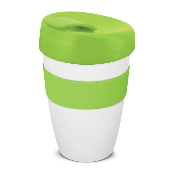 A drink bottle with a white body and a bright green lid and sleeve, featuring a logo.