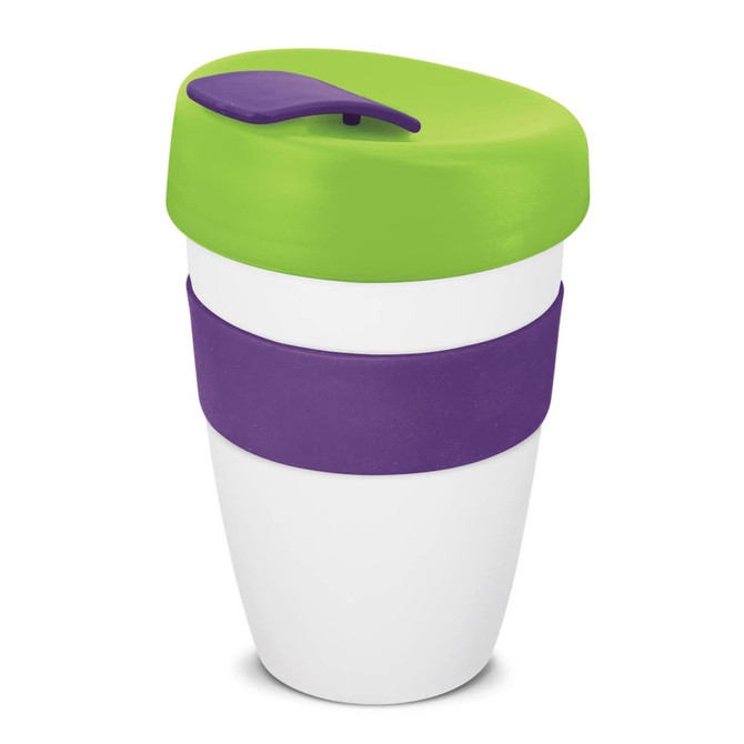 A drink bottle with a double wall design featuring a white body, a green lid, and a purple band. It has a logo.