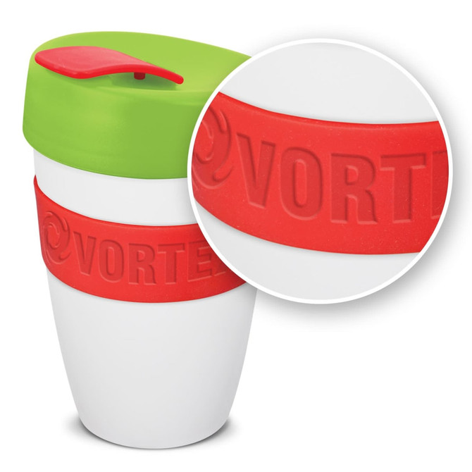 A drink bottle featuring a double wall design, with a white body, green lid, and a red silicone grip. It has a logo.