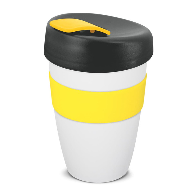 A drink bottle featuring a white body with a yellow band and a black lid. It has a logo on the surface.