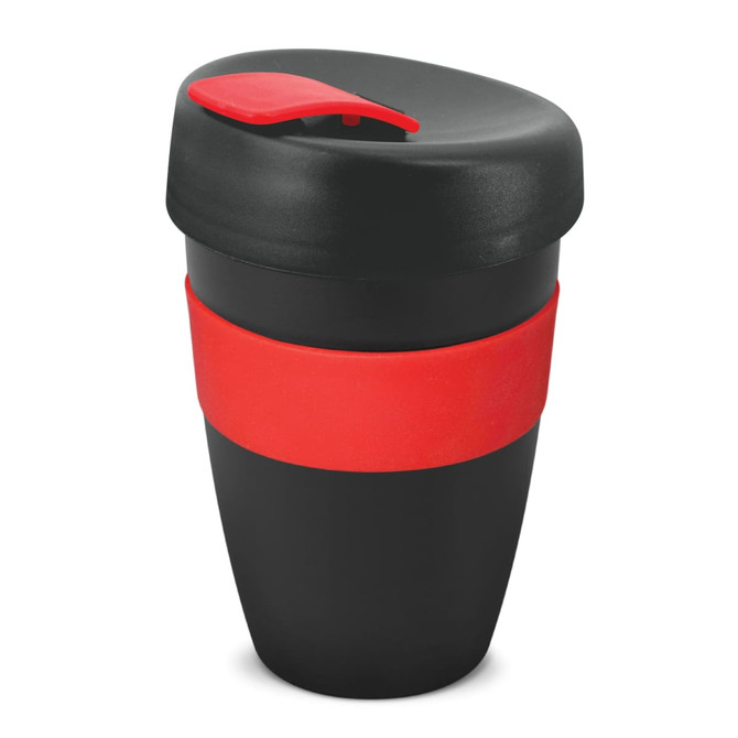 A drink bottle with a black body, red band, and lid, featuring a logo. It's designed with a double wall for insulation.