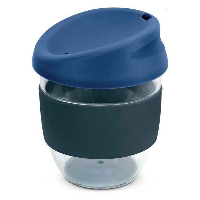 A drink bottle in navy blue and transparent, featuring a silicone sleeve and a lid, with a branding logo.
