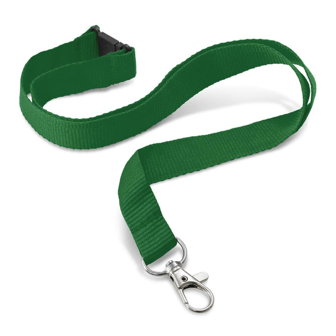 A green custom printed lanyard, 16mm wide, featuring a clip attachment and a buckle for easy use.