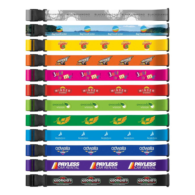 A range of full colour luggage straps featuring various bright colours and designs, each with a distinct logo.