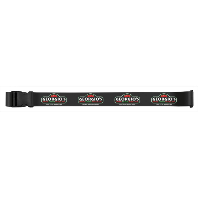 A full colour luggage strap featuring a white background with black and red logos, secured with a black buckle.