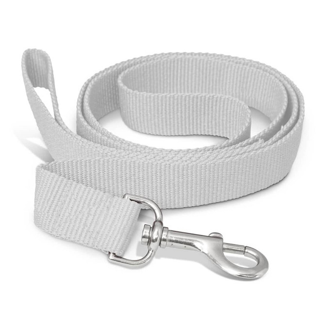 A durable white dog leash made of sturdy material, featuring a metal clip for secure attachment.