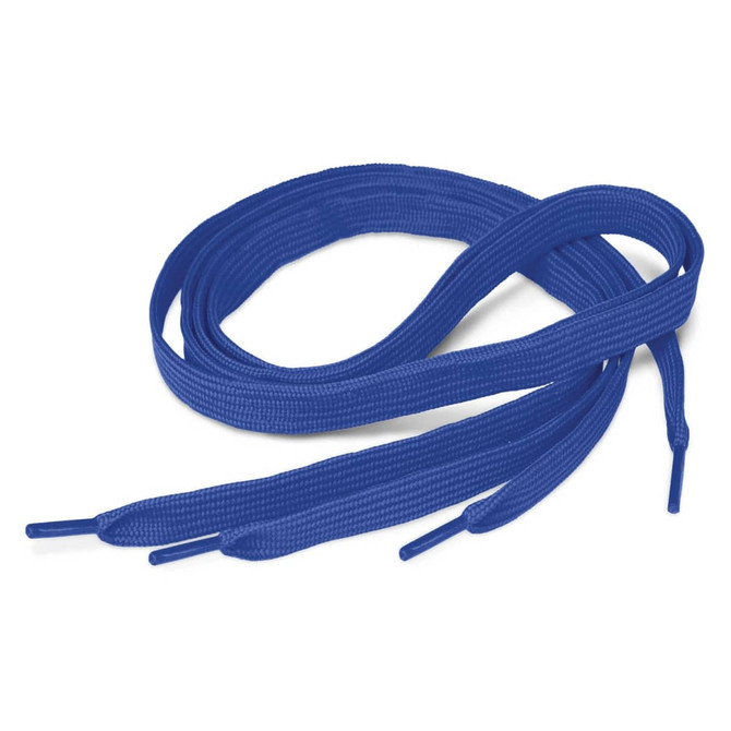 Blue shoe laces with flat woven design and tipped ends.