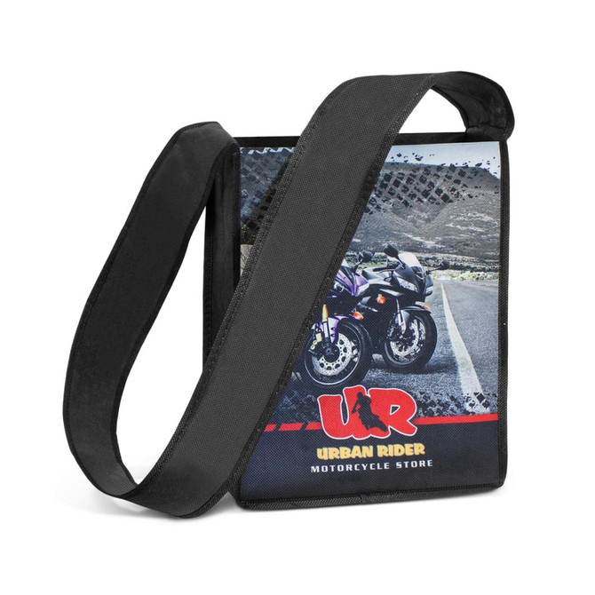 A black messenger bag featuring a graphic of motorcycles and a logo, with an adjustable strap.