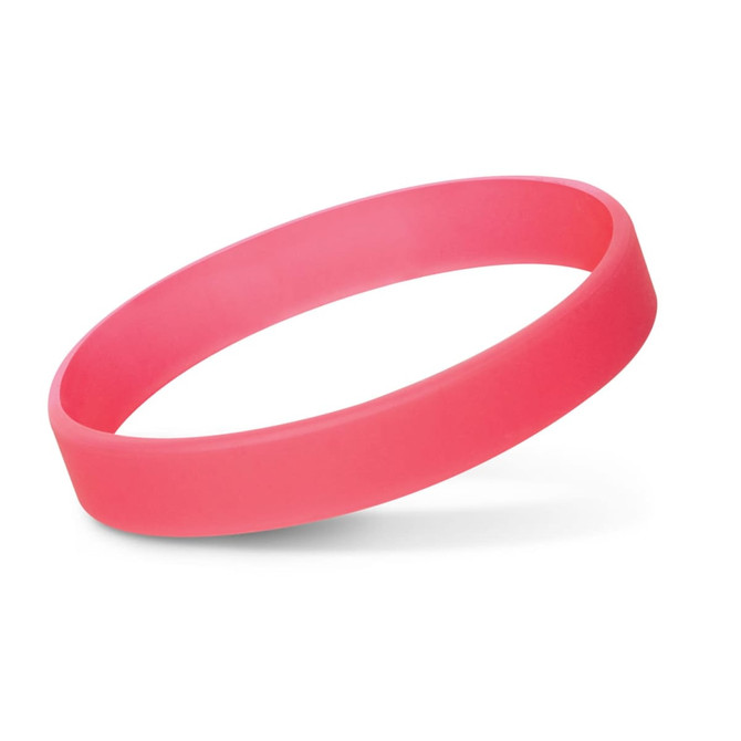 A pink silicone wristband with a smooth, glossy finish, suitable for events and exhibitions.