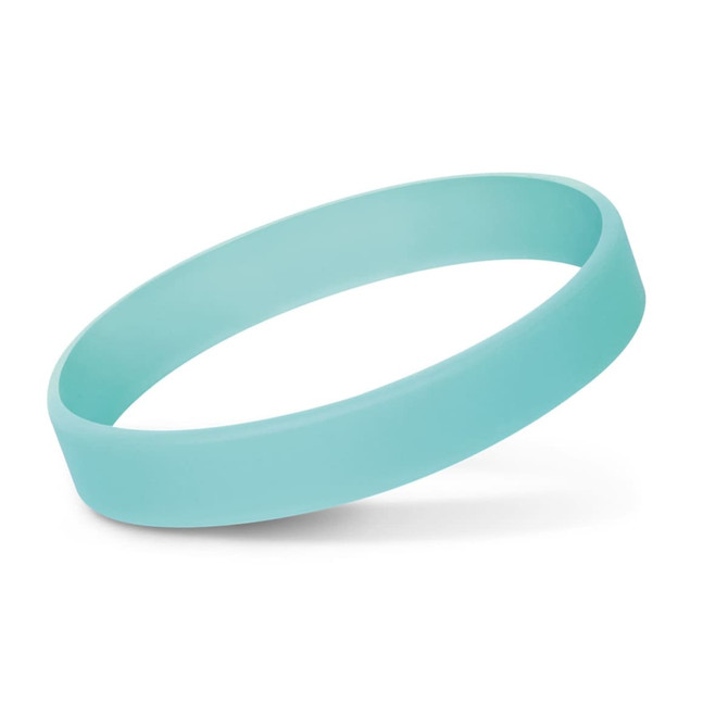 A silicone wristband in a soft teal color, designed to glow in the dark, displayed against a white background.