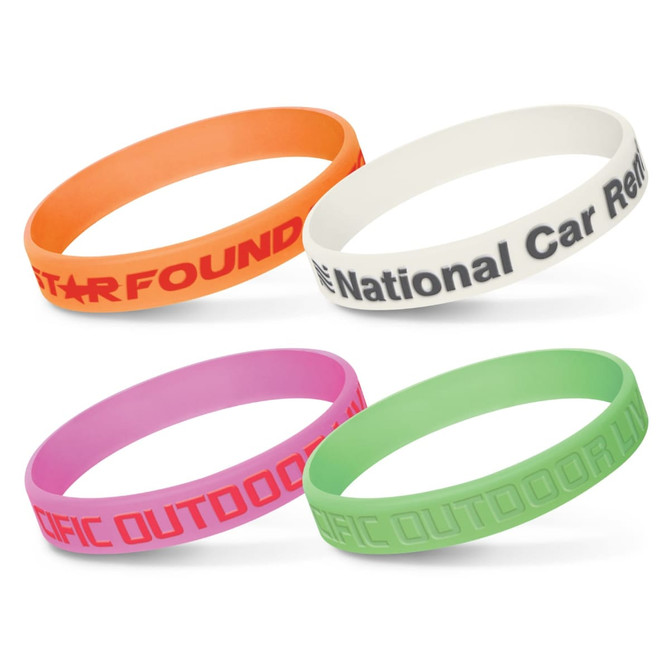 A set of four silicone wristbands in orange, white, pink, and green, featuring various logos and text.