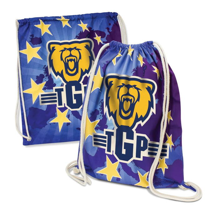 A drawstring backpack featuring a vibrant blue and purple design with a yellow bear logo and stars.